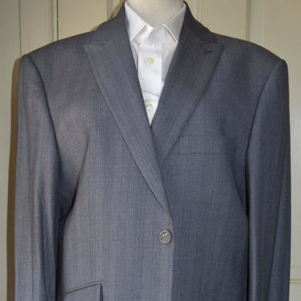 'LUZZATO' SUIT GRAY PINSTRIPES PEAK LAPEL GRAY POLKA DOT SILK LINING TETRON